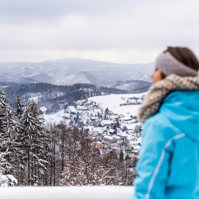 Frau in blauer Jacke und grauem Schal blickt auf eine verschneite Landschaft mit Bergen und Bäumen.