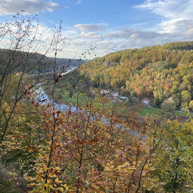 Blick auf eine herbstliche Landschaft mit bunten Bäumen und einem Fluss im Tal.