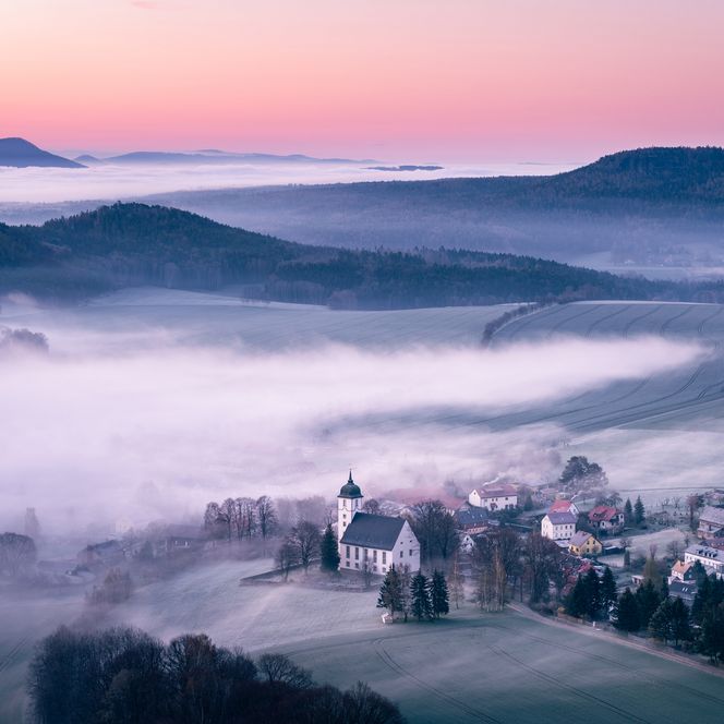 Fachwerkhaus mit rotem Satteldach, umgeben von grünen Pflanzen und blauem Himmel.