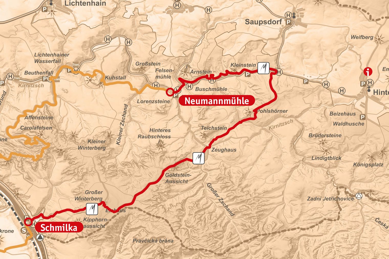 Wegeverlauf des Malerweg der Etappe 5 von Neumannmühle nach Schmilka.