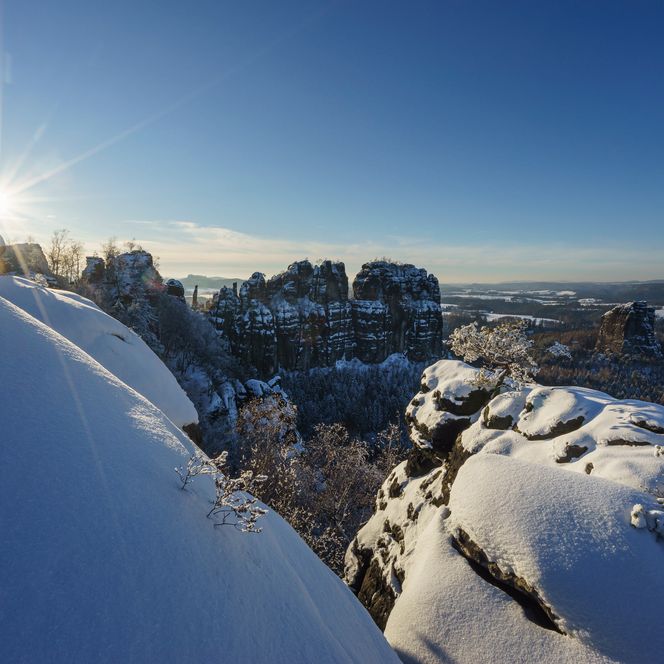 Sonniger Wintertag Schrammsteine Schnee Sächsische Schweiz