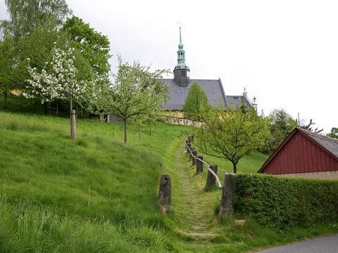 Kirche Hinterhermsdorf, im Vordergrund grüner Hügel und blauer Himmel.