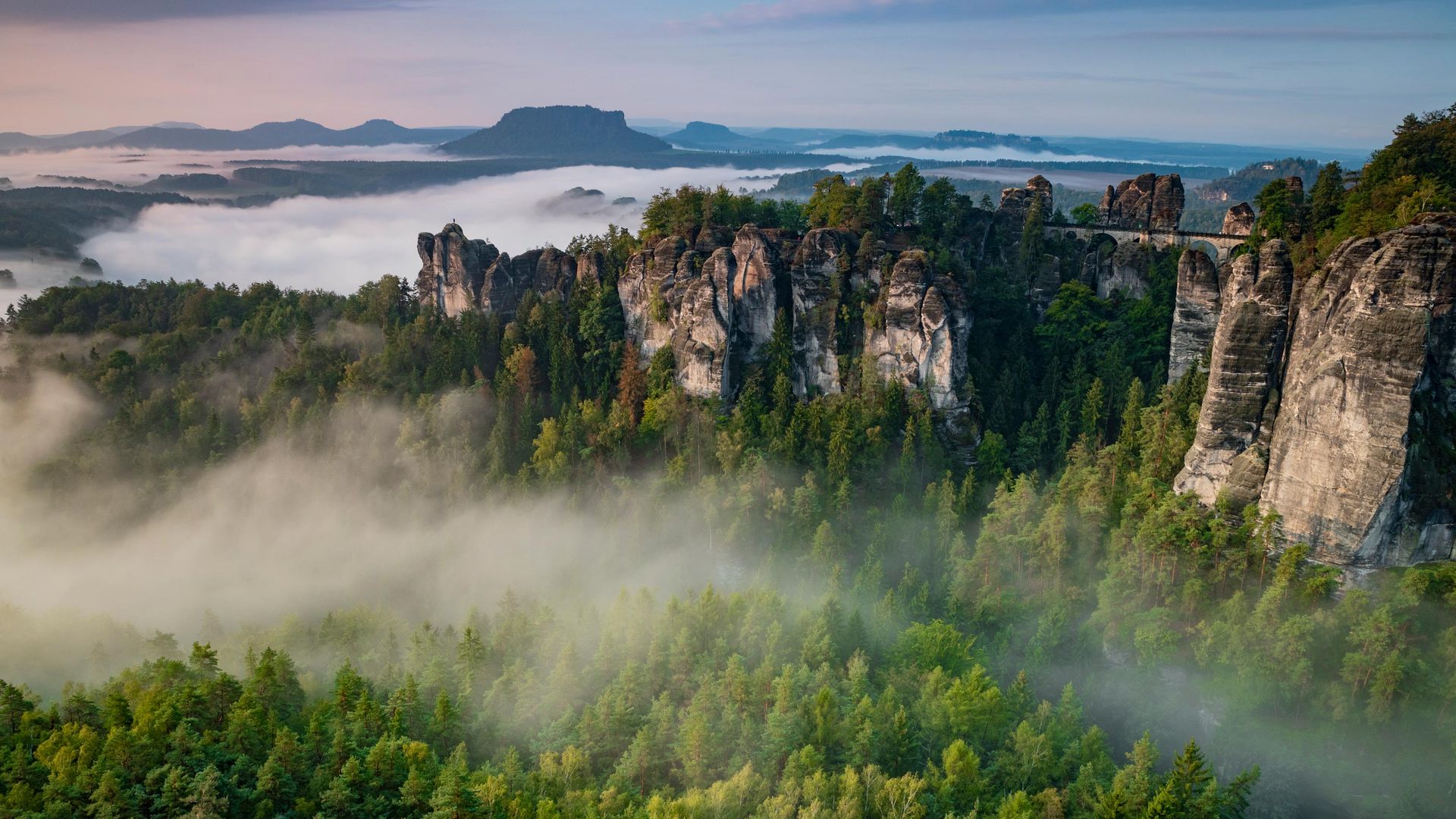 Waldige Felsformationen ragen aus Nebel, im Hintergrund Hügel bei Sonnenaufgang.
