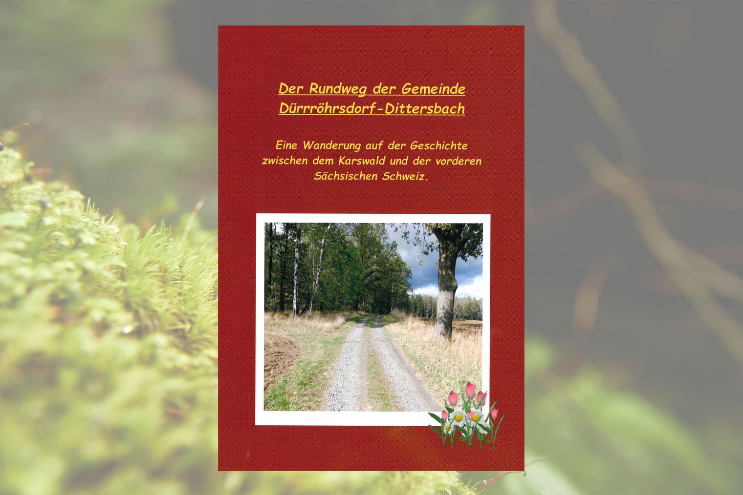 Titelseite Der Rundweg der Gemeinde Dürrröhrsdorf-Dittersbach Buchcover eines Wanderführer mit dem Titel: "Rundweg Dürrröhrsdorf-Dittersbach" mit Bild eines Weges zwischen Bäumen und Feld, umrandet von einem roten Rahmen.
