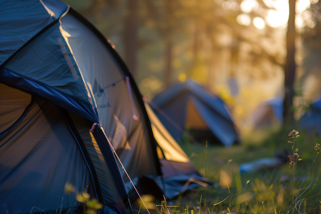 Zelt im Wald bei Sonnenaufgang, umgeben von weiteren Zelten und sanften Lichtstrahlen.