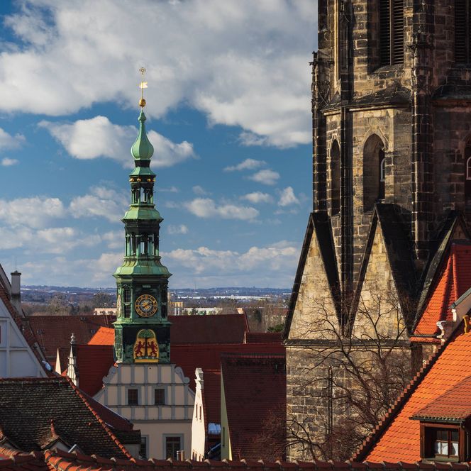 Blick auf historische Gebäude mit bunten Dächern und einem Kirchturm unter einem bewölkten Himmel.