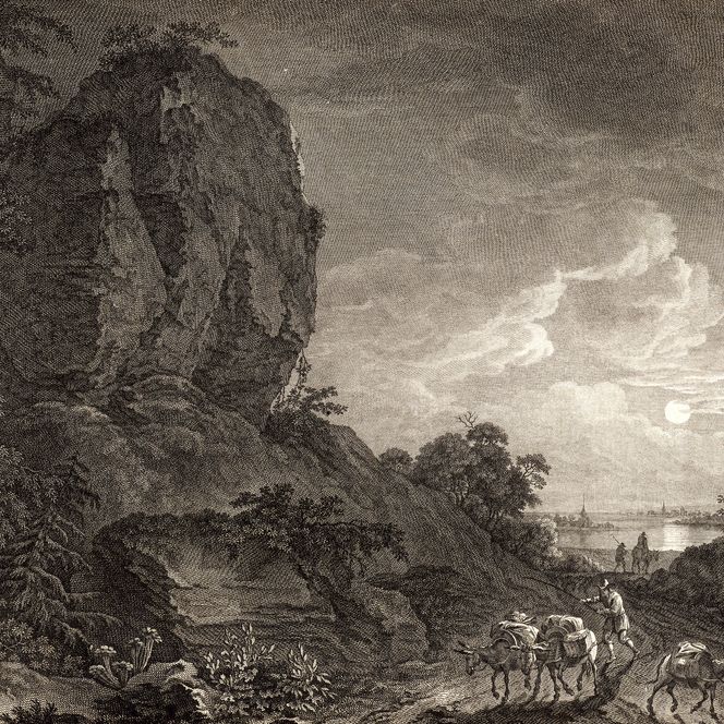 Landschaft mit Felsen, Bäumen und einem Fluss, im Hintergrund ein bewölkter Himmel.