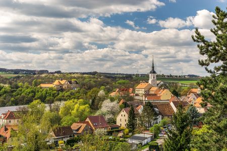 Blick auf eine Stadt mit roten Dächern, einer Kirche und grünen Bäumen unter einem bewölkten Himmel.