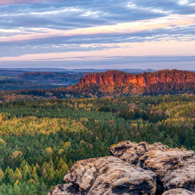 Blick auf eine grüne Landschaft mit Felsen und einem Berg im Hintergrund unter einem bewölkten Himmel.
