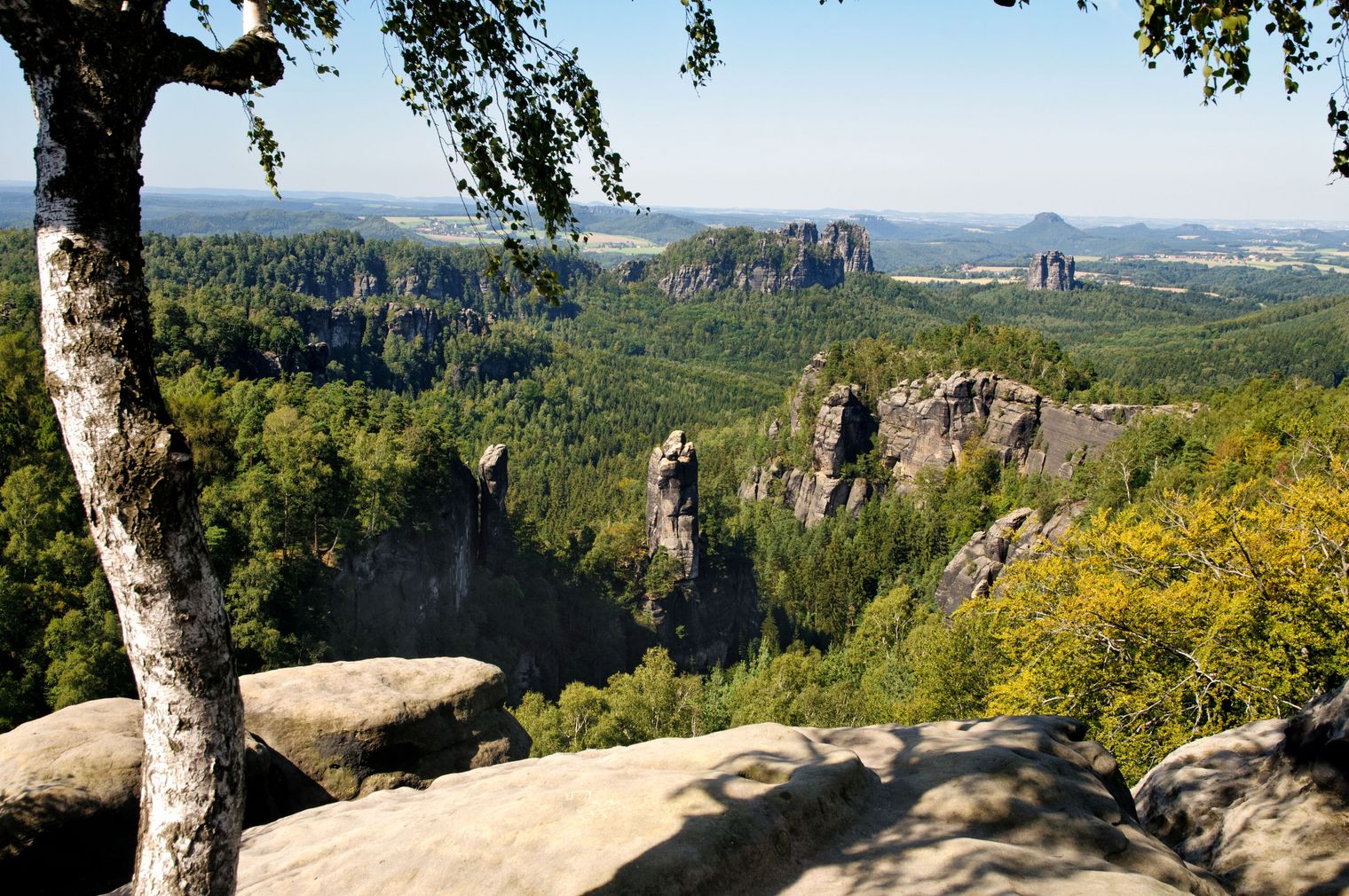 Blick von der Carolaaussicht in den Kleinen Dom mit dem Fels Falkenstein in der Ferne
