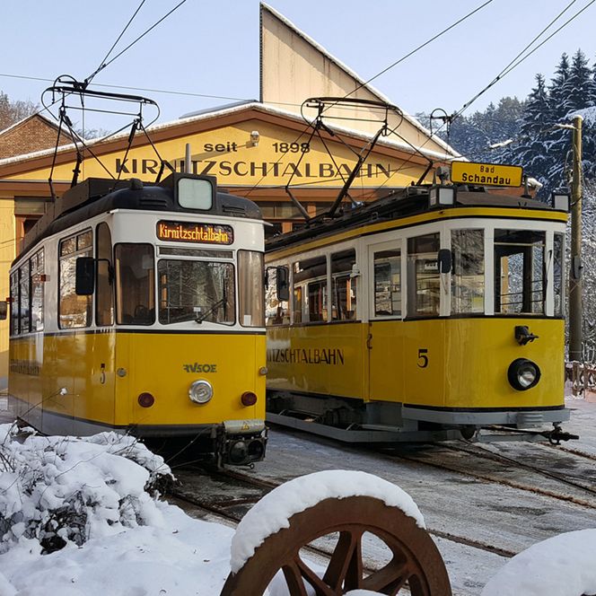 Zwei gelbe Straßenbahnen stehen unter einem überdachten Bahnsteig im Schnee.