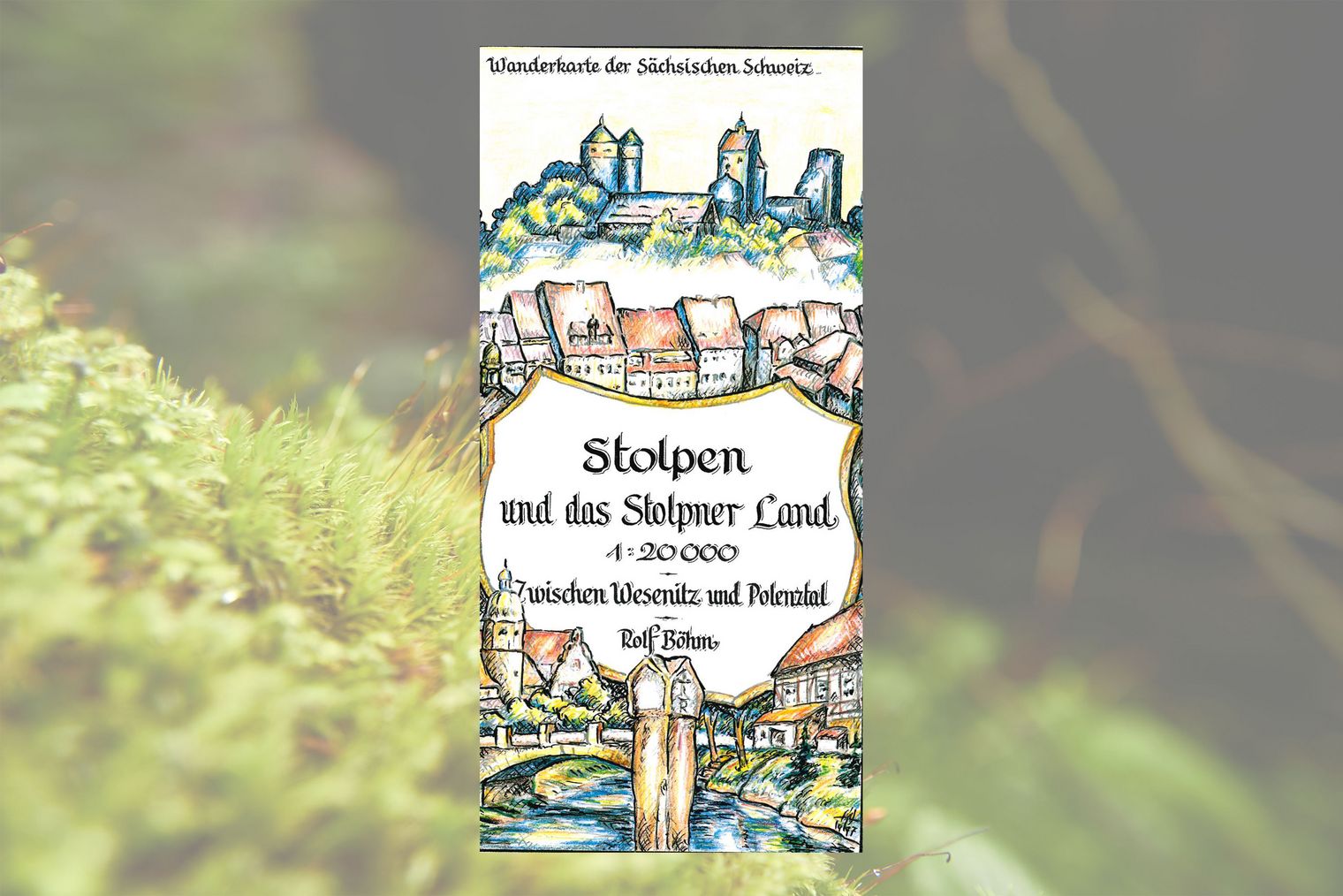 Titelseite Wanderkarte mit Zeichnung von historischen Gebäuden einer Stadt und einer Burg.
