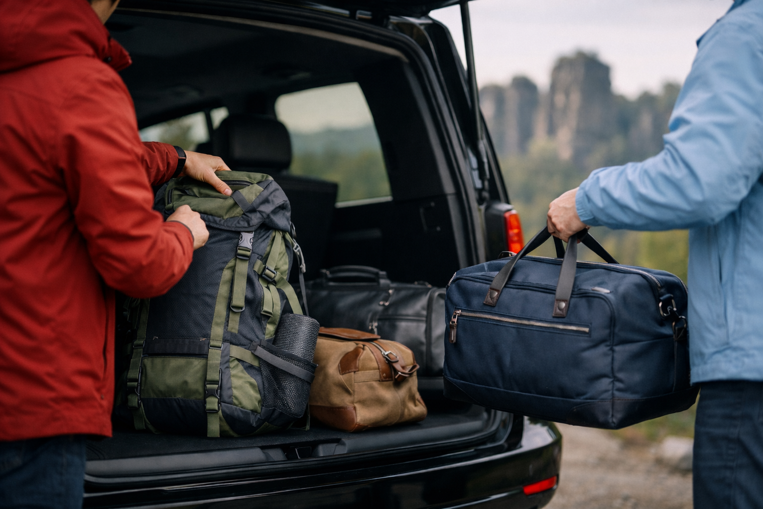 Zwei Personen packen verschiedene Taschen in den Kofferraum eines Autos, im Hintergrund eine Landschaft.