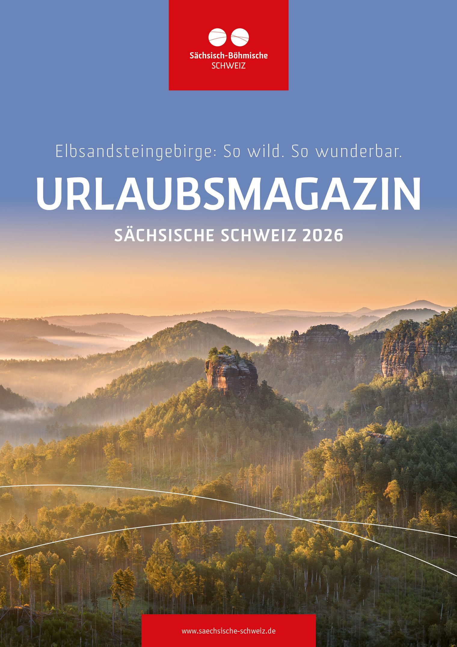 URLAUBSMAGAZIN 2016 für die Sächsische Schweiz, mit einer Landschaft im Hintergrund bei Sonnenaufgang.
