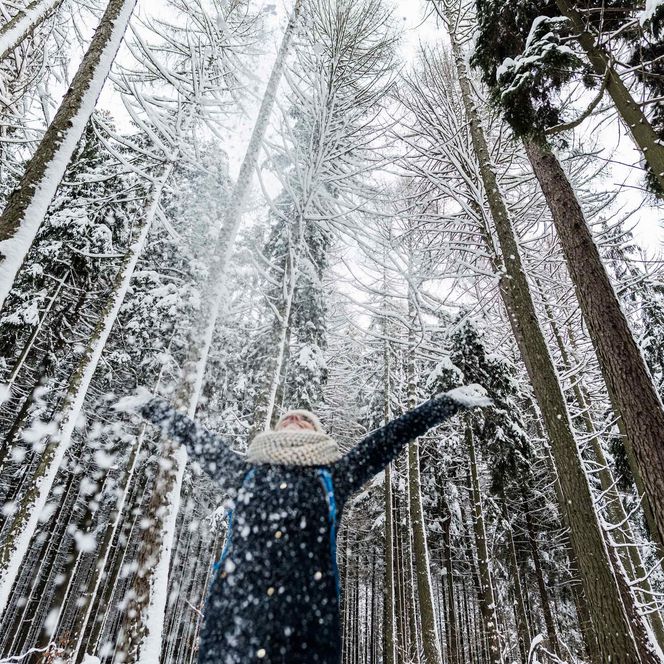 Person in blauer Jacke steht im verschneiten Wald und breitet die Arme unter fallendem Schnee aus.