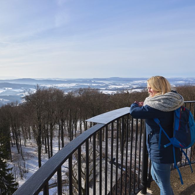 Person mit blonden Haaren steht an einem Geländer und blickt auf eine verschneite Landschaft.