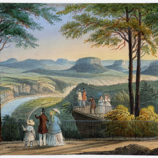 Blick auf eine Landschaft mit Fluss, Bergen und Bäumen; Personen in historischer Kleidung stehen im Vordergrund.