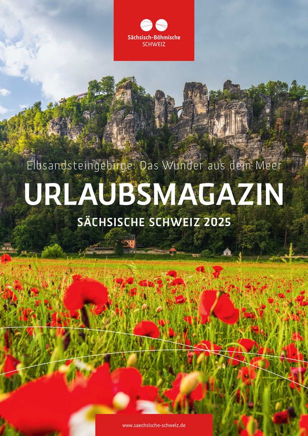 Titelbild Urlaubsmagazin 2025: Rote Mohnblumen auf Wiesen, im Hintergrund auf anderer Elbseite Basteifelsen