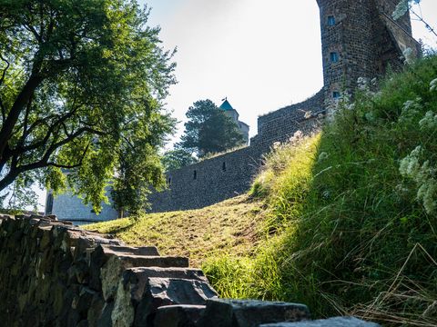 Mächtige Burg Stolpen auf grünem Hügel, umgeben von Bäumen, unter blauem Himmel.