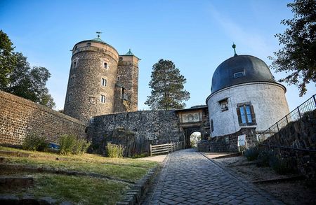 Ruine einer alten Burg mit zwei Türmen und einer Kuppel, umgeben von Bäumen und grünem Gras.