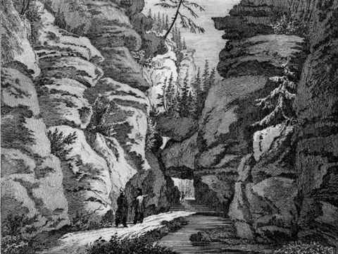 unbekannter Künstler (Führer von F. Thal) "Ans. a. d. sächs. Schweiz: Uttewalder Felsenthor", Stahlstich, sw, 1851