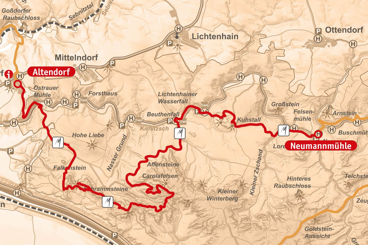 Der Wegeverlauf der Etappe 4 des Malerweg von Altendorf nach Neumannmühle.