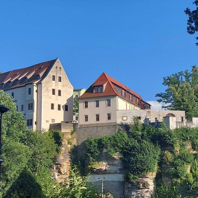 Burg auf einem Hügel, umgeben von Bäumen und klarem blauen Himmel.