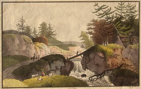 Kupferstich einer Landschaft mit Felsen, Bäumen und einem kleinen Fluss; Menschen und Tiere sind sichtbar.