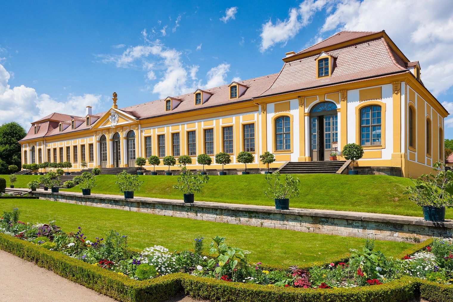 Gelb gestrichende Orangerie des Barockgartens Großsedlitz mit großen Fenstern, umgeben von einer gepflegten Außenanlage und blauem Himmel.