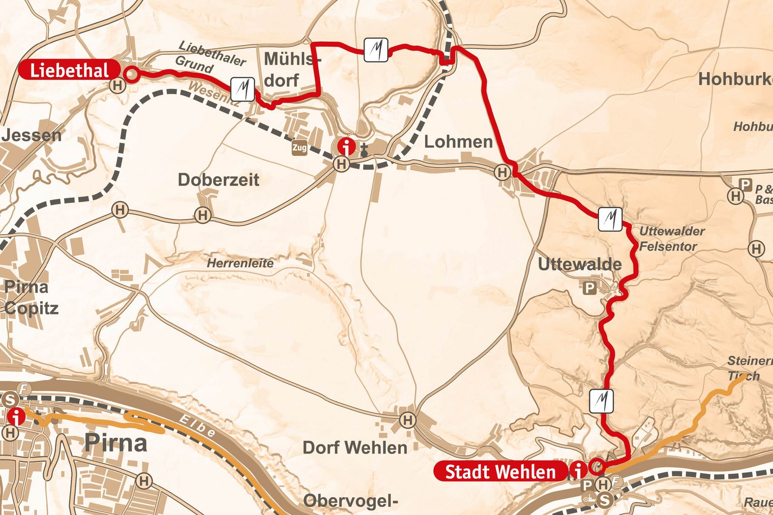 Karte der 1. Etappe des Malerweg die von Pirna Liebethal nach Stadt Wehlen führt.