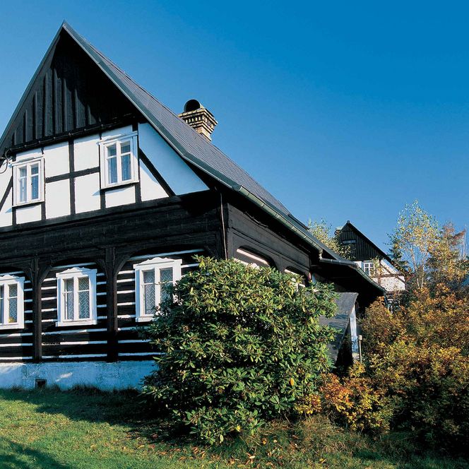 Schwarzes Fachwerkhaus mit weißen Fenstern, umgeben von grüner Vegetation und blauem Himmel.