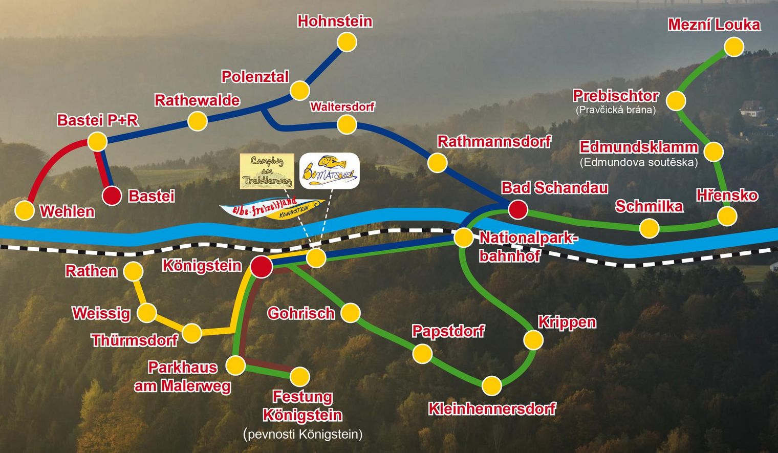 Karte mit verschiedenen Linien und Stationen, die eine Route entlang eines Flusses darstellen.