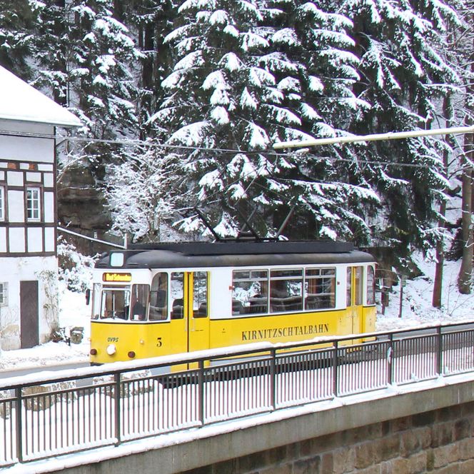 Gelbe Straßenbahn fährt durch eine schneebedeckte Landschaft mit Bäumen und einem historischen Gebäude.