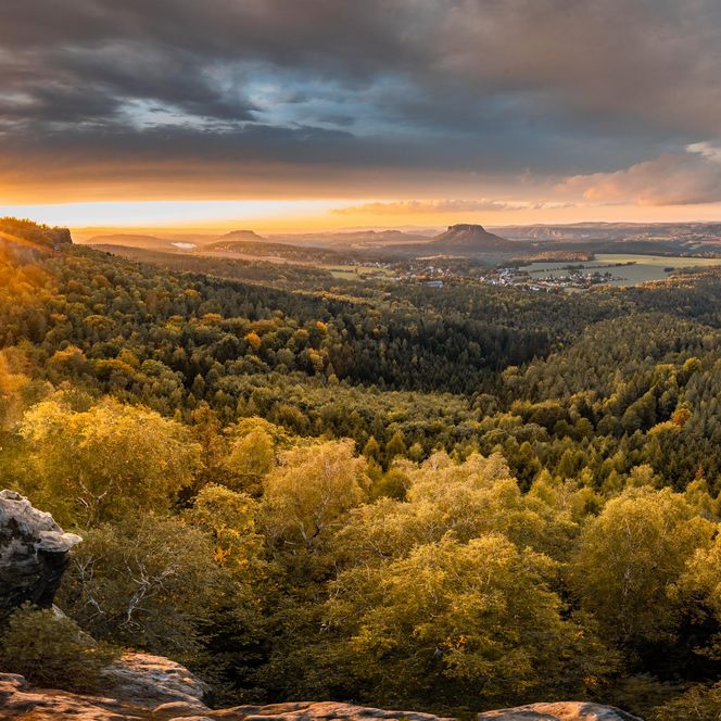 Sonnenuntergang über einer bewaldeten Landschaft mit sanften Hügeln und bewölktem Himmel.