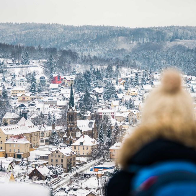 Person mit einer Fellmütze blickt auf eine verschneite Stadtlandschaft.