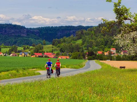 Berglandschaft mit grünen Wäldern, Felsen und blauem Himmel, Wanderweg mit Radfahren im Vordergrund.