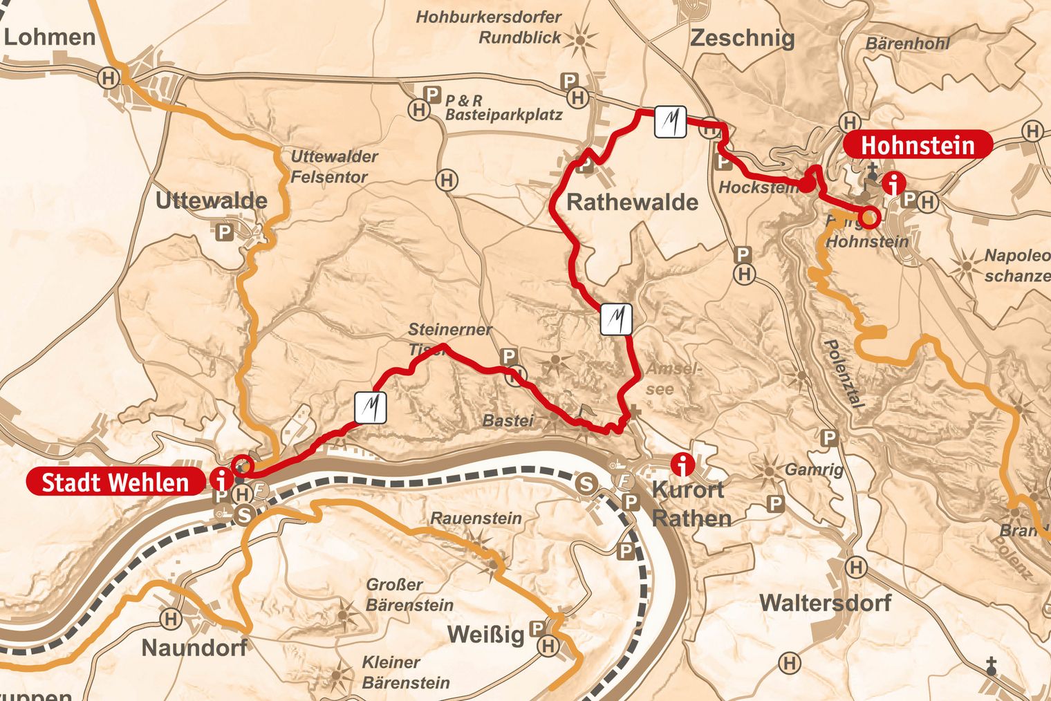 Karte der 2. Malerwegetappe von Stadt Wehlen nach Hohnstein