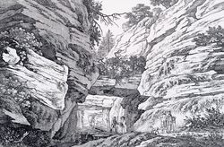 Zeichnung einer Schlucht mit steilen Felswänden und Bäumen.