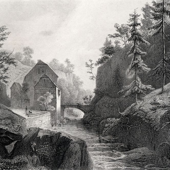 Schwarz-weiß Zeichnung einer Landschaft mit einem Fluss, Bäumen und einem kleinen Gebäude.