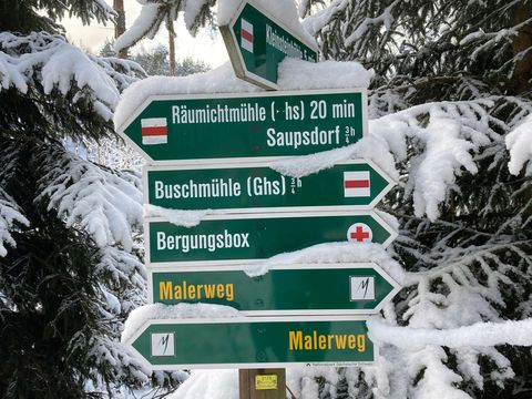 Wegweiser Malerweg mit Rettungsbox im Winter