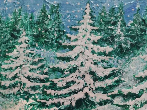 Winterbäume Atelier molière artdesign Gemalte Tannenbäume, schneebedeckt.