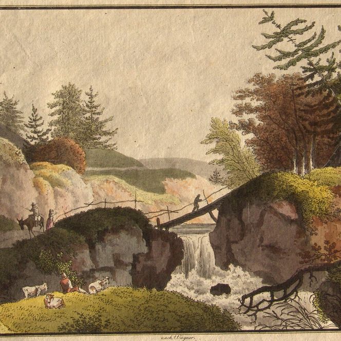 Kupferstich einer Landschaft mit Felsen, Bäumen und einem kleinen Fluss; Menschen und Tiere sind sichtbar.