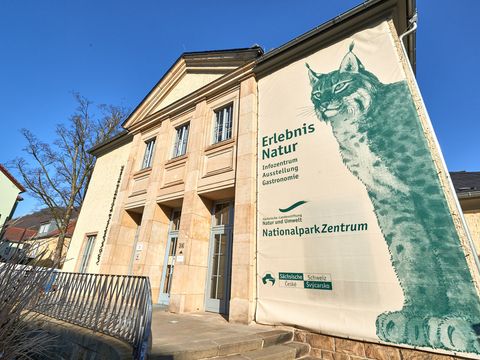 Nationalpark-Zentrum in Bad Schandau, modernes Gebäude mit großem Aufdruck von einem Luchs.