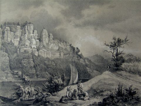 Hasse, Ernst "Bastei-Felsen von der Elbe aus", Lithographie, sepia, 2. H. 19.Jh.