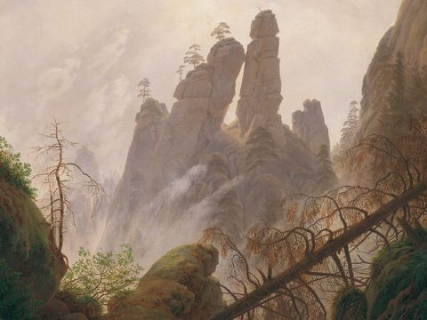 Felslandschaft mit hohen Felsen und Nebel..
