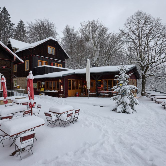 Holzhütte im Schnee mit Tischen und Stühlen im Freien, umgeben von schneebedeckten Bäumen.