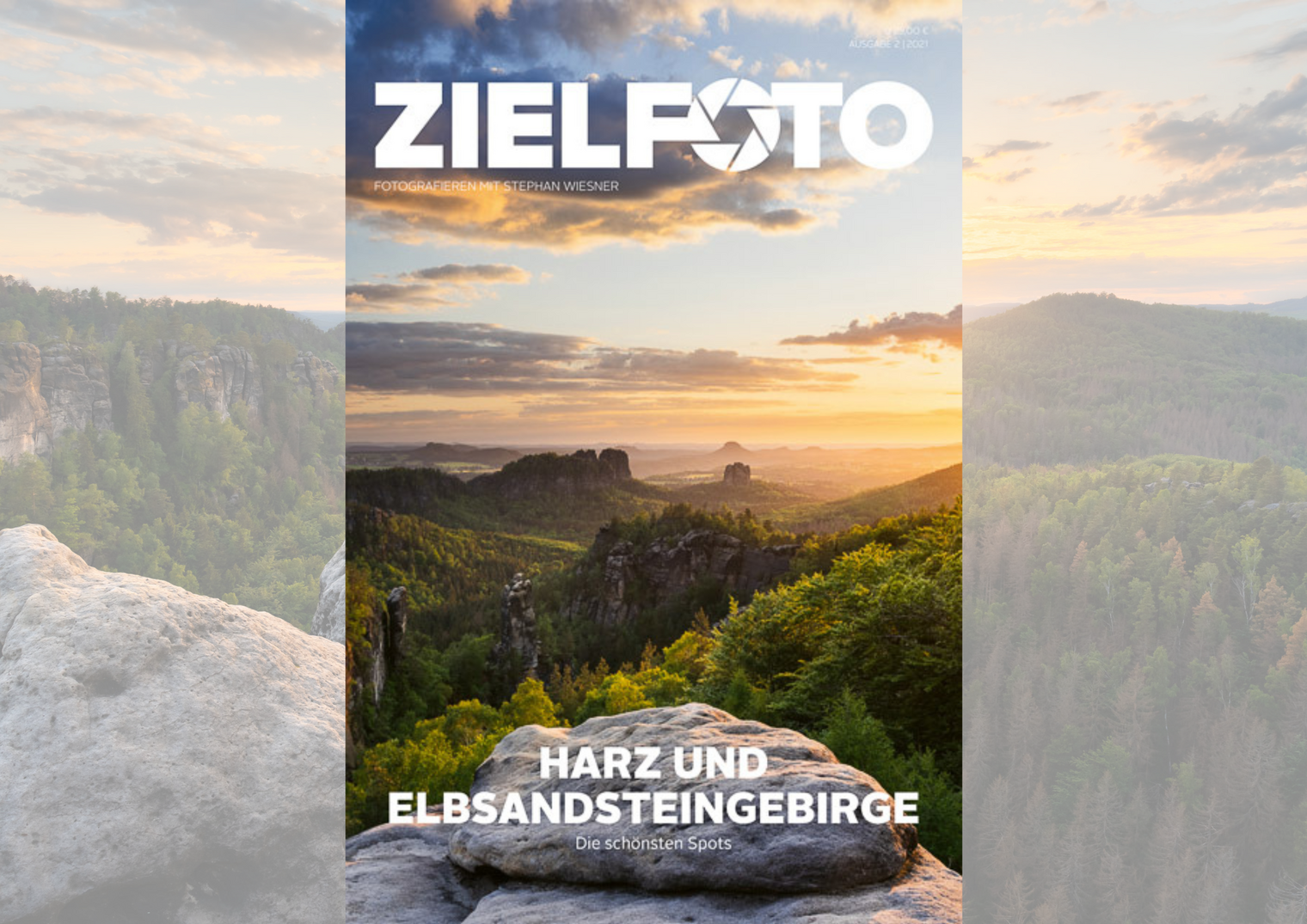 Zielfoto-Cover mit Landschaftsaufnahme des Harz- und Elbsandsteingebirges bei Sonnenuntergang.