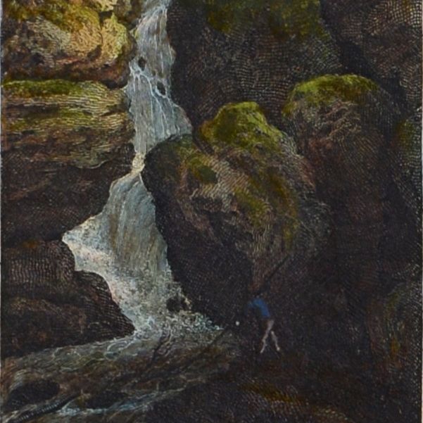 Ein Wasserfall fließt zwischen moosbedeckten Felsen, umgeben von Bäumen und einem bewölkten Himmel.
