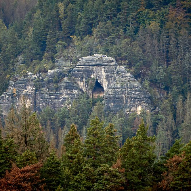 Felsformation mit Höhle, umgeben von Bäumen und bewaldeten Hügeln.