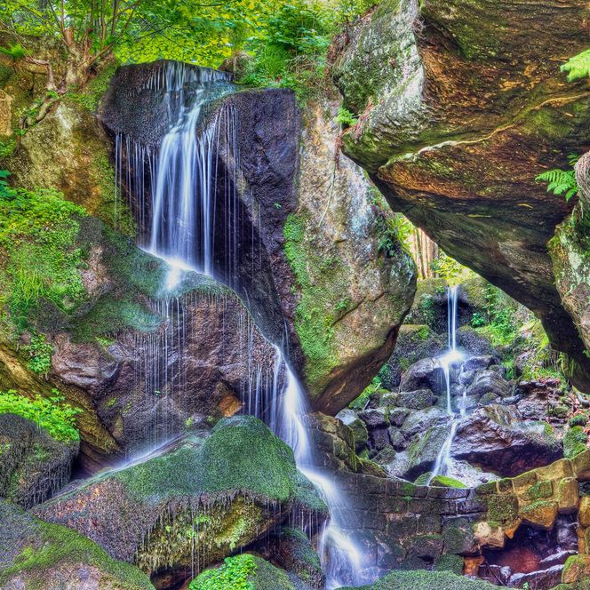 Klares Wasser fließt über moosbedeckte Felsen in einer grünen Umgebung.